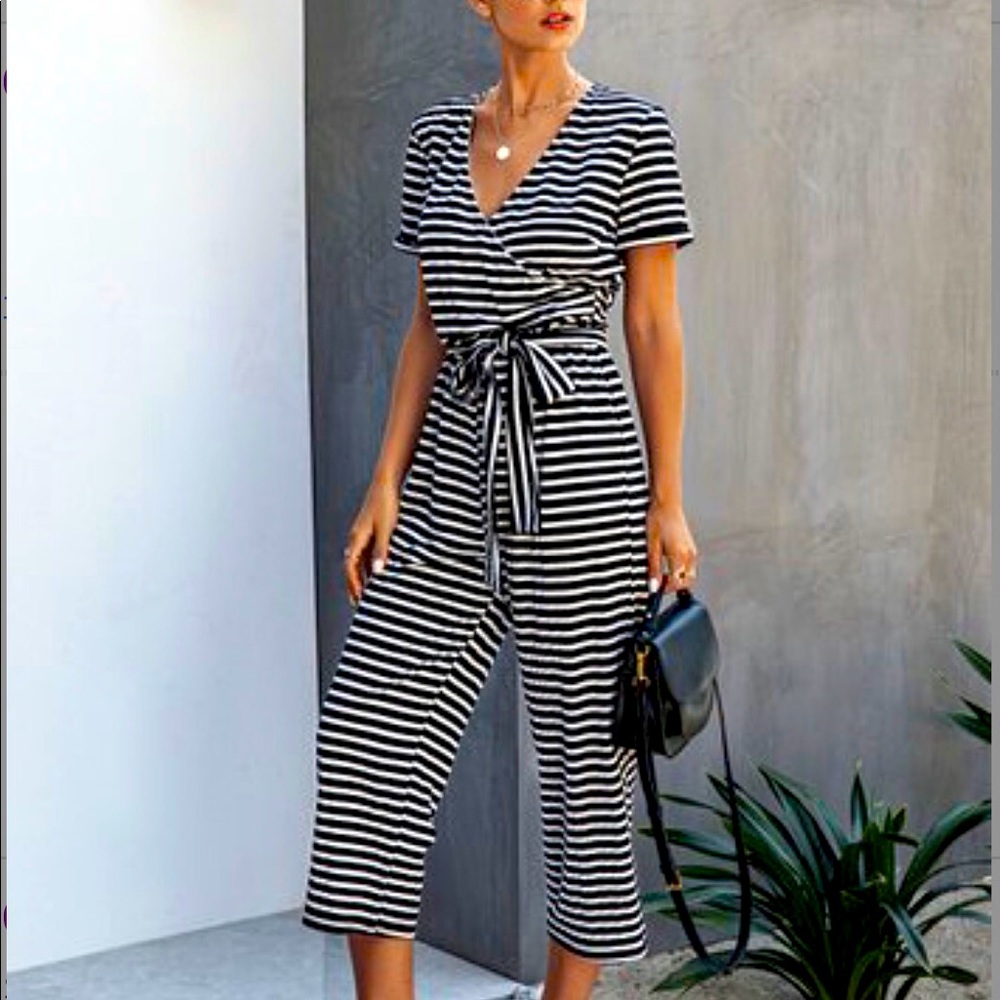 Black Stripe Surplice Tie-Waist Jumpsuit